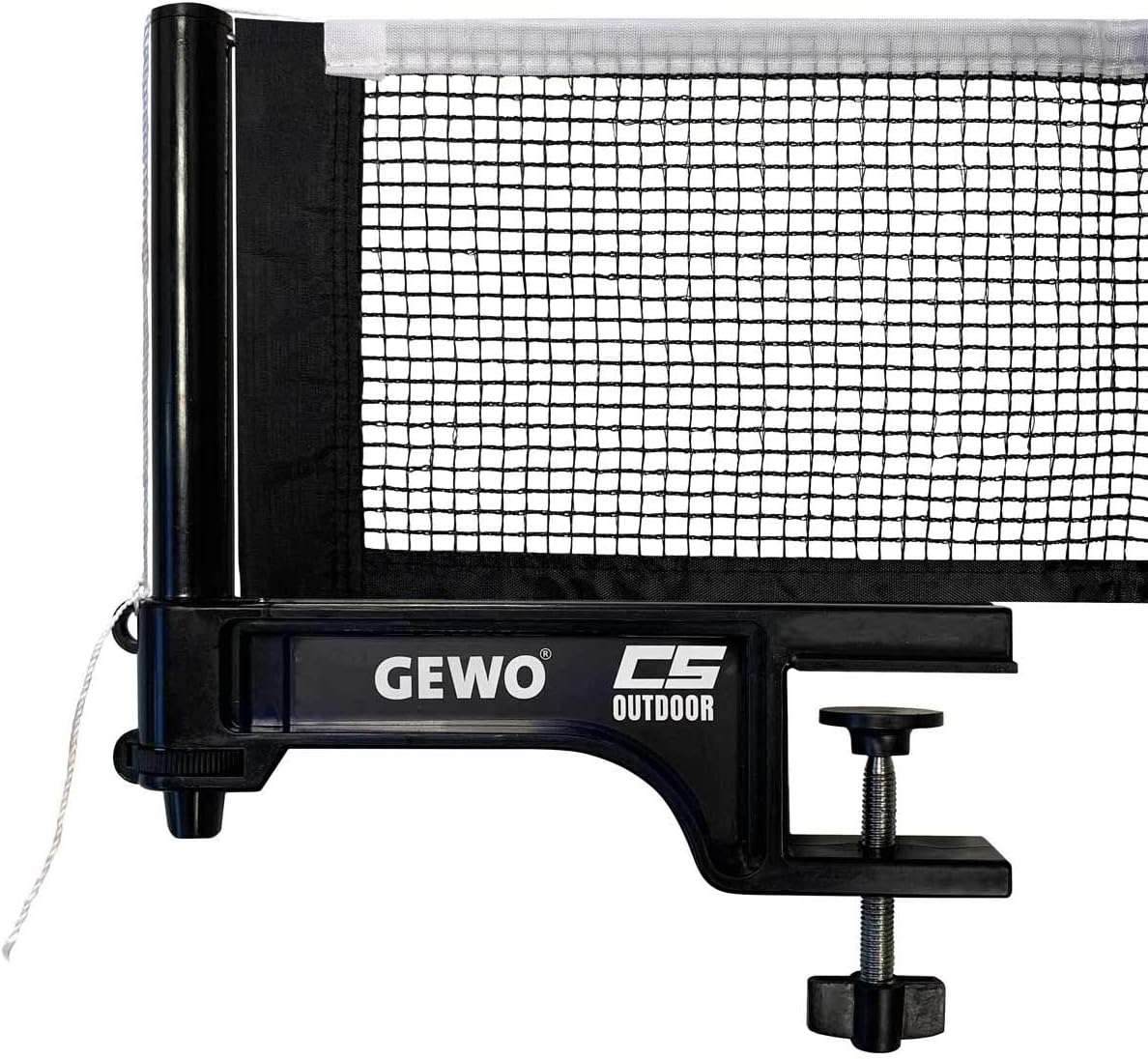 GEWOCS Outdoor Tischtennisnetz - Wetterfestes Tischtennis-Netz für draußen - Robuste Netzgarnitur Halterungen und handlicher Höhenverstellschraube - Einfache Montage, stabiles schwarzes Garn