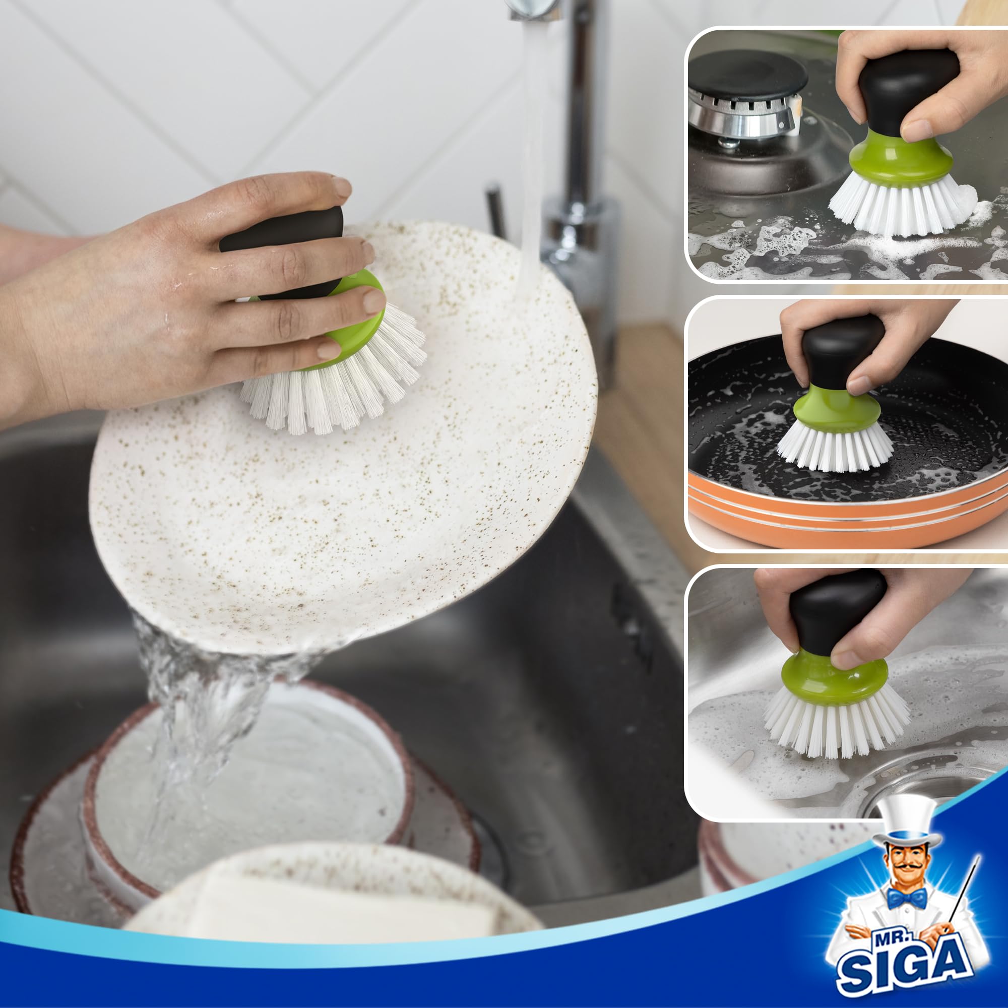 MR.SIGA Cepillo de Palma con Mango ergonómico para Limpieza de Cocina, Verde, Paquete de 2