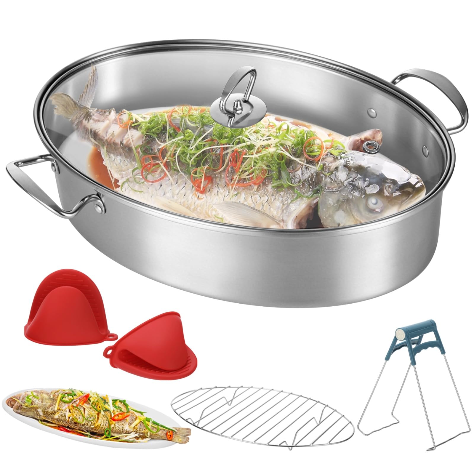 Fisch-Dampfgarer-Set aus Edelstahl, ovaler ganzer Fisch Dampfgarer mit Glasdeckel, Gestell, Keramikpfanne, Futter und Handschuhen, Mehrzweck-Kochgeschirr zum Dämpfen, Kochen