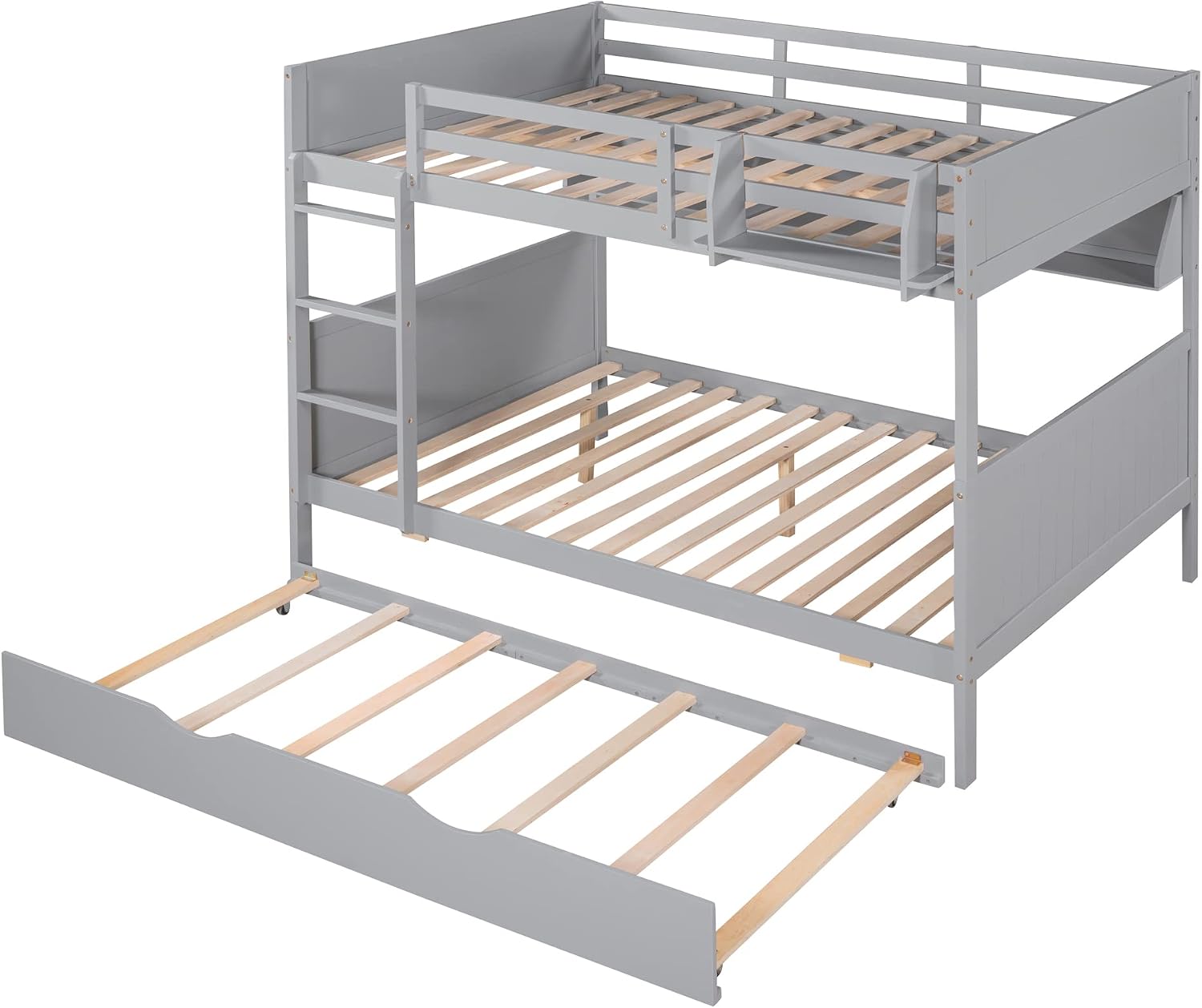 Bellemave Full Over Full Bunk Bed with Trundle and Storage Shelves, Wood Detachable Bunk Bed Frame, Can Be Divided Into 2 Full Size Bed, Separable Bunked for Kids Boys Girls Teens, Gray