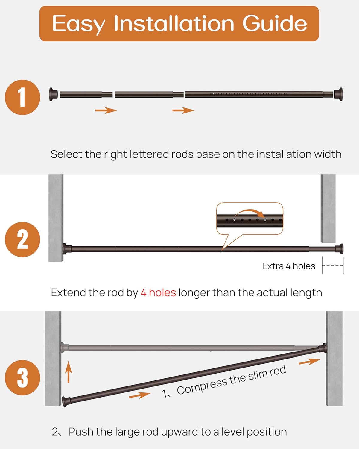 ALLZONE Tension Curtain Rods for Windows 66 to 120 Inch, Heavy Duty Curtain Rods No Drilling, Extra Long Tension Rod for curtains, Outdoor Tension Rods for Patio, Bedroom, Dark Brown