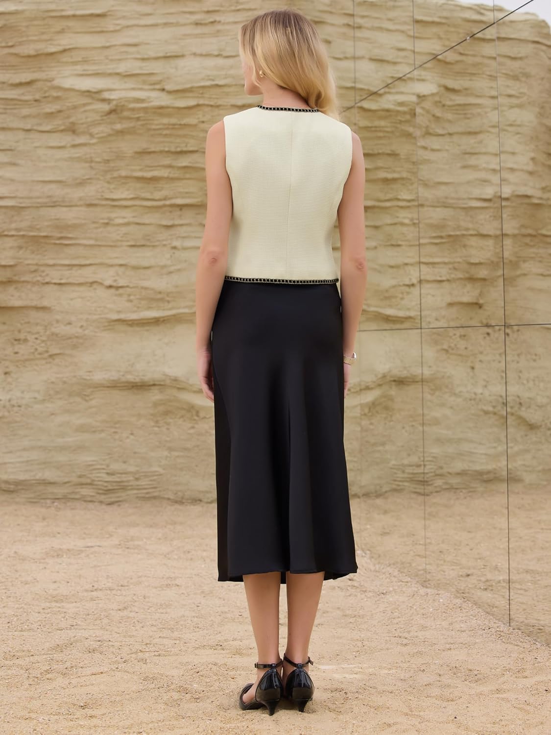 Women's Tweed Blazer Vest Sleeveless Button Down V Neck Casual Business Waistcoat - Image 3