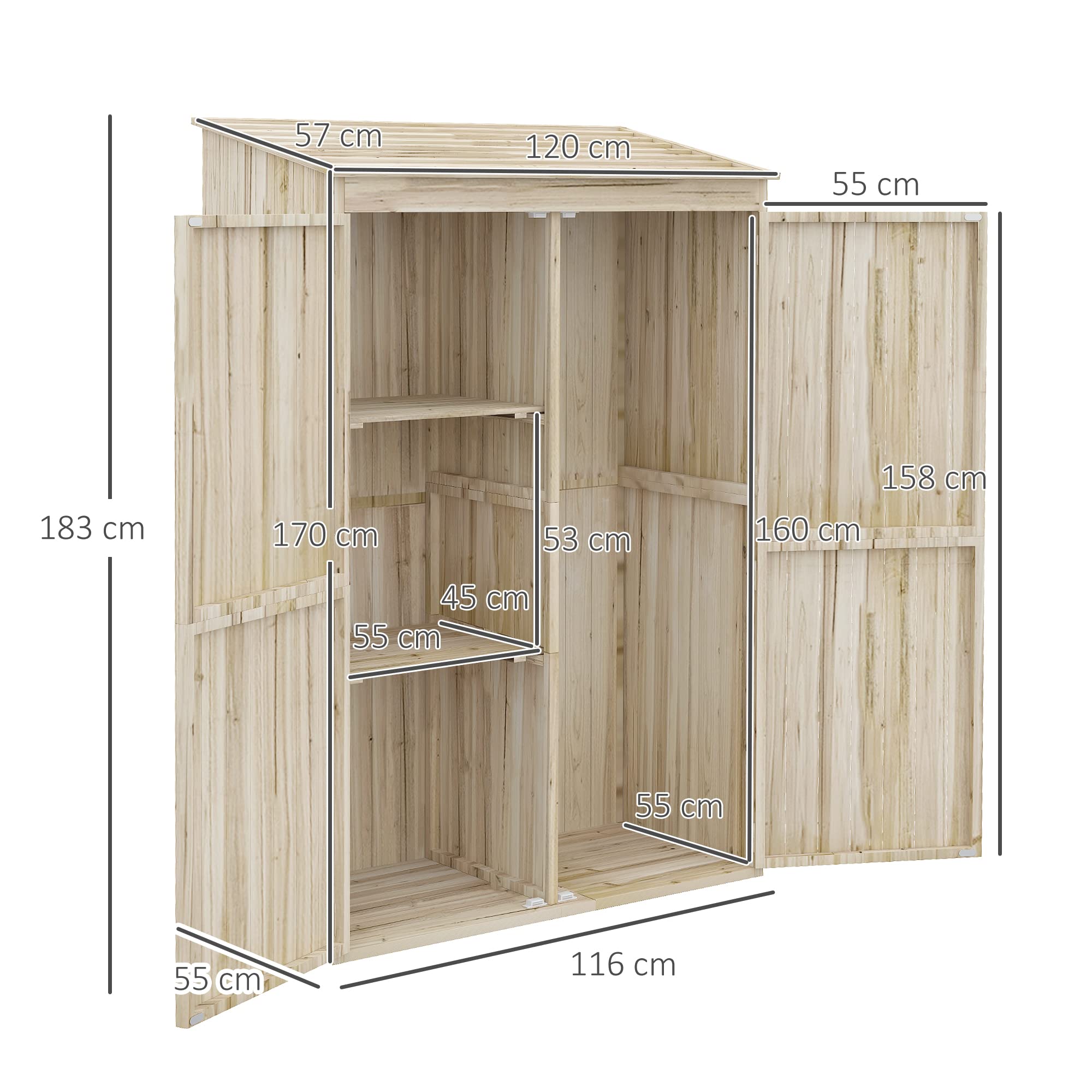 Outsunny Armoire de Jardin en Bois avec 2 Portes magnétiques, 2 étagères et Compartiment Droit spacieux, Armoire de Rangement à Toit incliné 120 x 57 x 183 cm Bois Naturel
