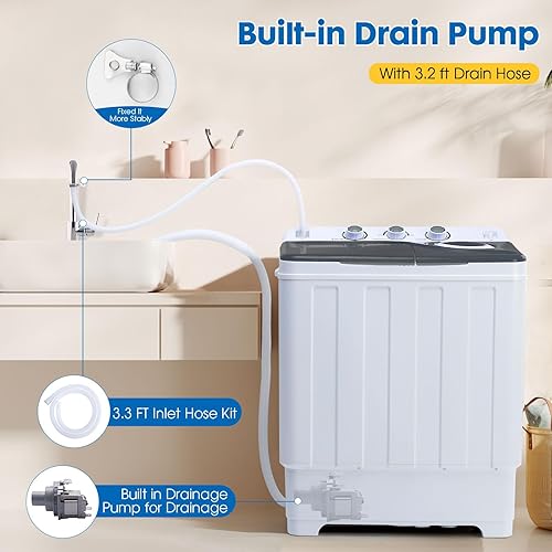 Vista 6 de Lavadora portátil de 28 libras con lavado de 18 libras y centrifugado de 10 libras, lavadora de doble tina compacta con bomba de drenaje, mini