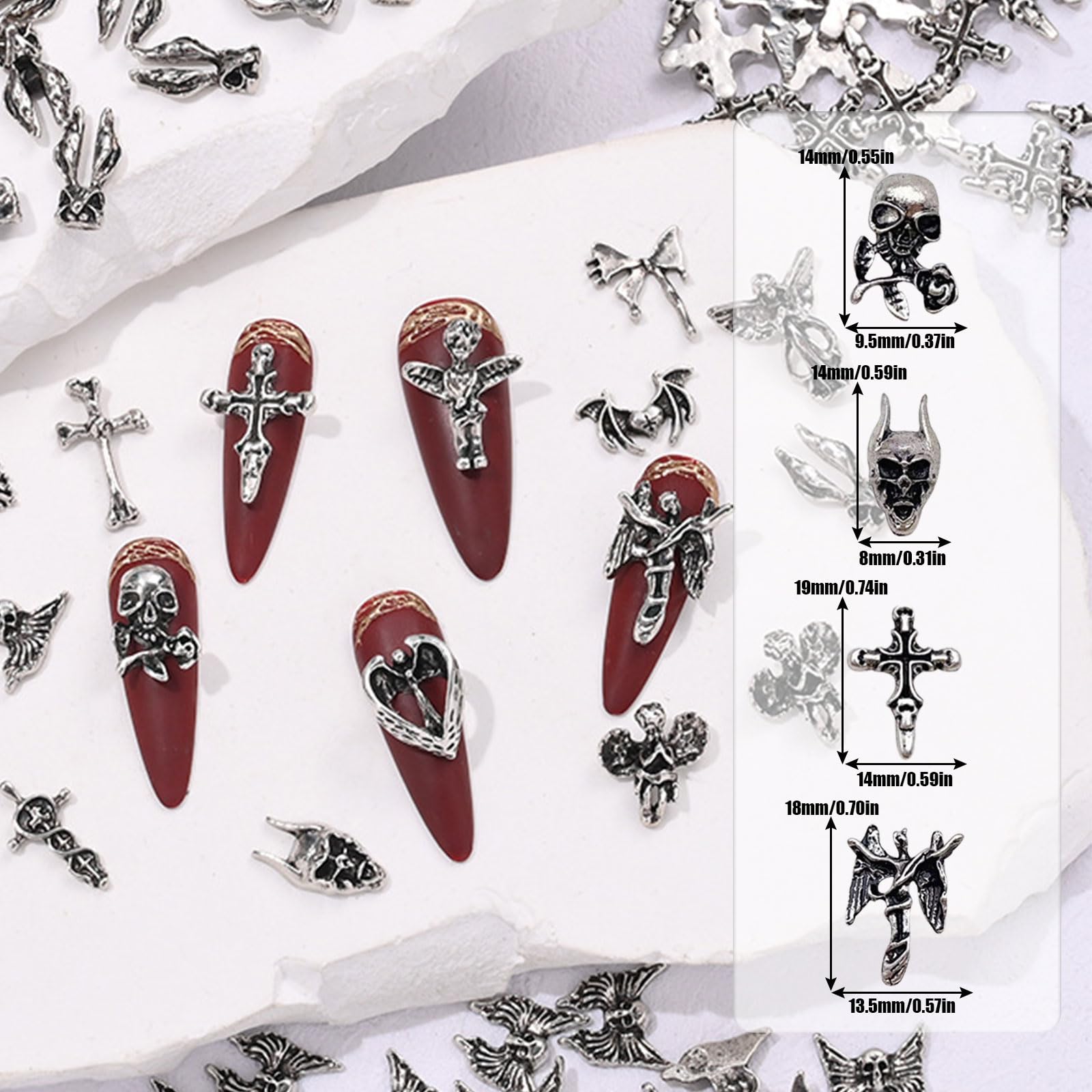 Cross Nail Charms,120Pcs Heart Bow Skull Bat Antique Silver Metal Punk Nail Decorations,Retro Gothic Rivet Accessories Nail Ornaments for Manicure Design DIY Crafts - Image 2