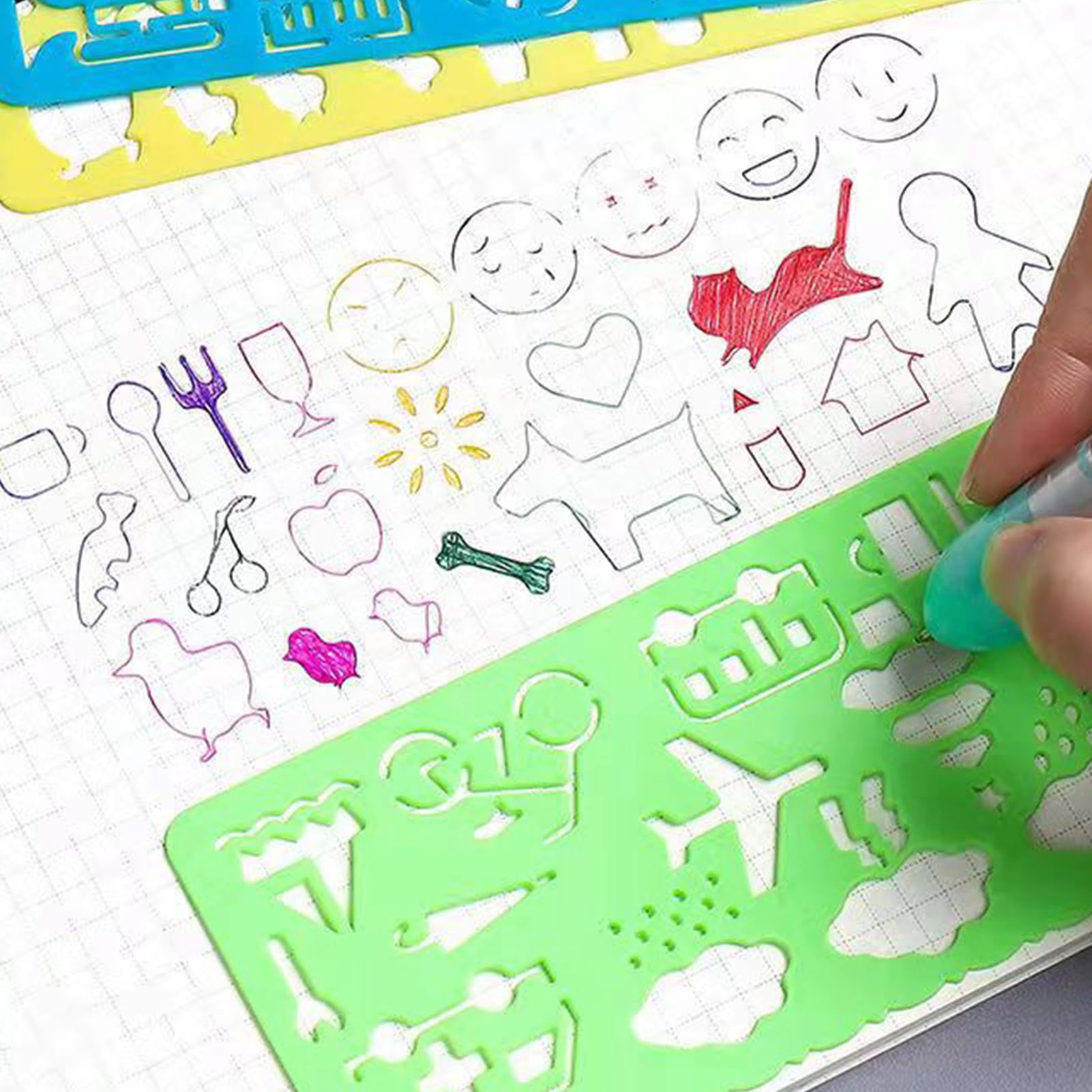 7 Piezas Reglas Geométricas y Plantillas de Círculo para Dibujo y Pintura, Regla Plástica, Herramienta de Medición para Niños (Azul)