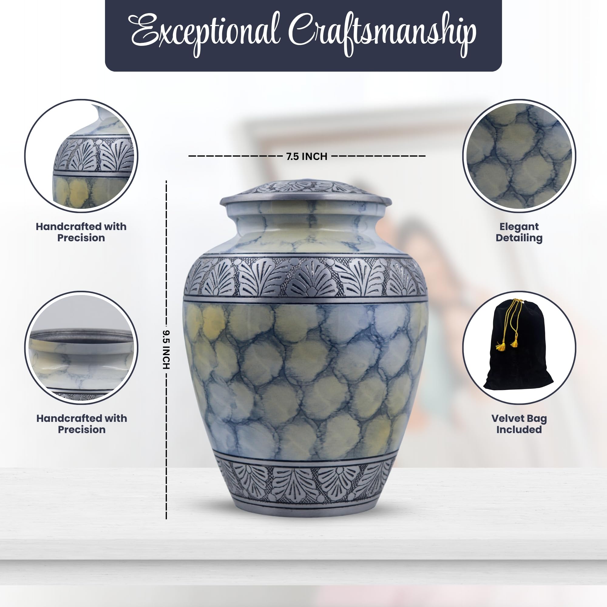 Urna de cremación grabada en plata para cenizas humanas, urna conmemorativa funeraria hecha a mano, urnas funerarias grandes, bolsa incluida (7.5 x 7.5 x 9.5 pulgadas, 200 libras o 91 kg, color blanco
