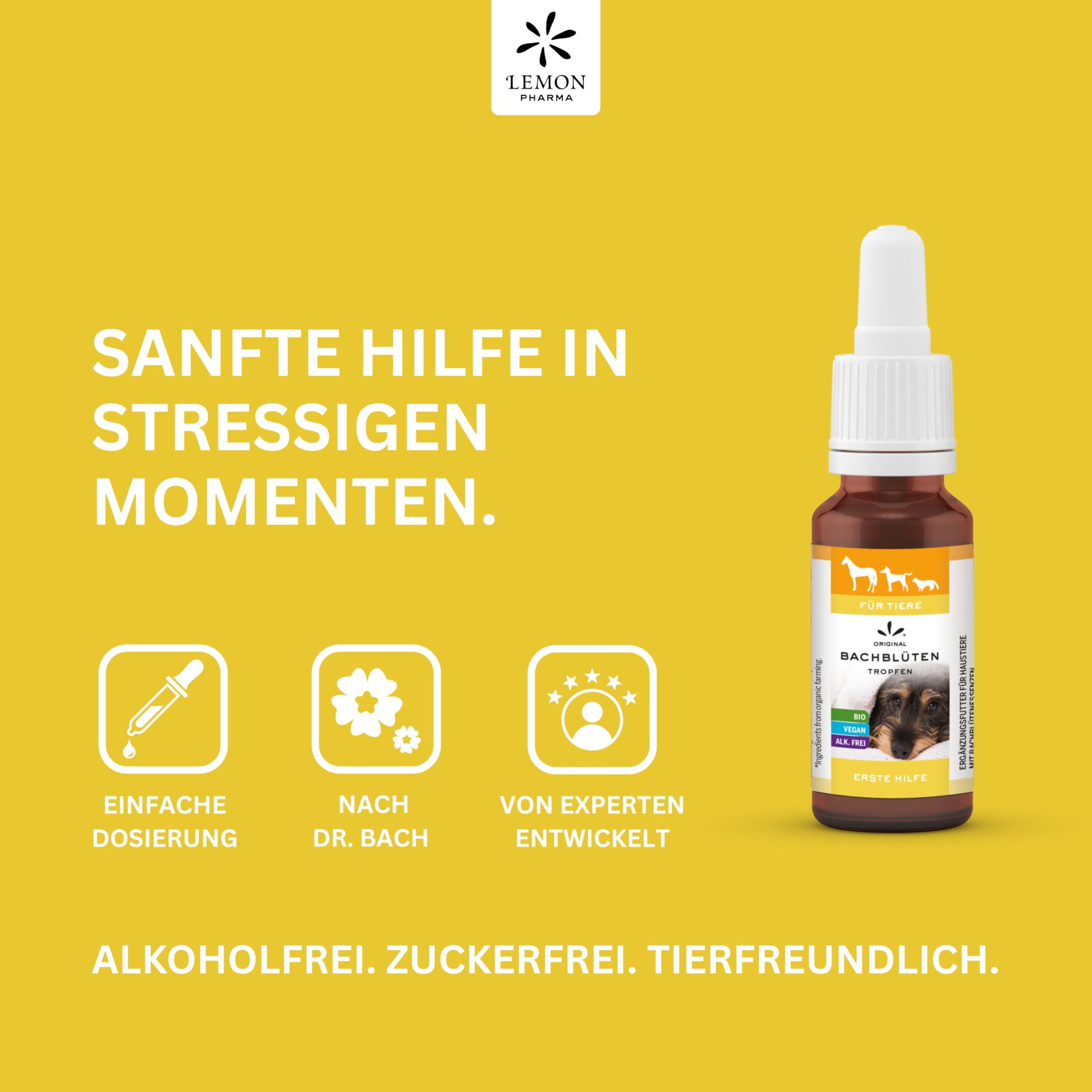 Lemon Pharma Bachblüten Tropfen Erste Hilfe für Tiere – Beruhigung, Anti Stress für Haustiere, für Katzen und Hunde, Bio & Vegan