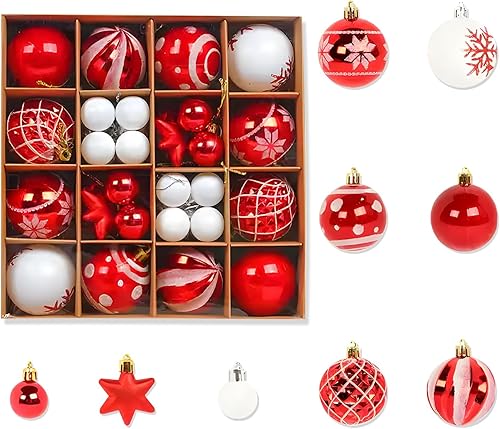 Juego de adornos para árbol de Navidad, 42 piezas, adornos de Navidad inastillables, bolas blancas y rojas para decoración del árbol de Navidad,