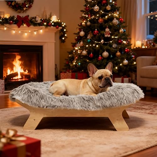 Base de cama elevada para perro y colchón con funda lavable, tamaño pequeño, natural S de hasta 40 libras