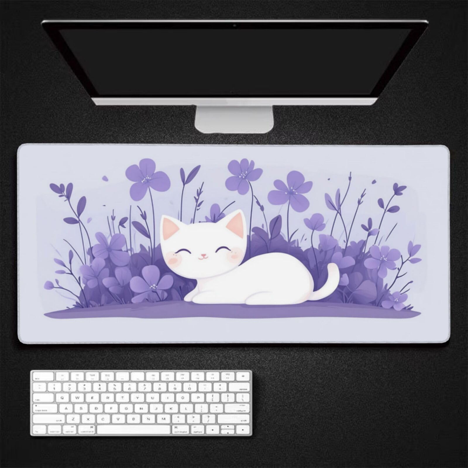 Tappetino Mouse XXL Fiore & Gatto, 100 x 50 cm Tappetino da Scrivania G485 | Tappetino per Mouse, Base in Gomma Antiscivolo, Superficie Impermeabile, Bordi Cuciti, Tappetino Scrivania per Ufficio, Gioco