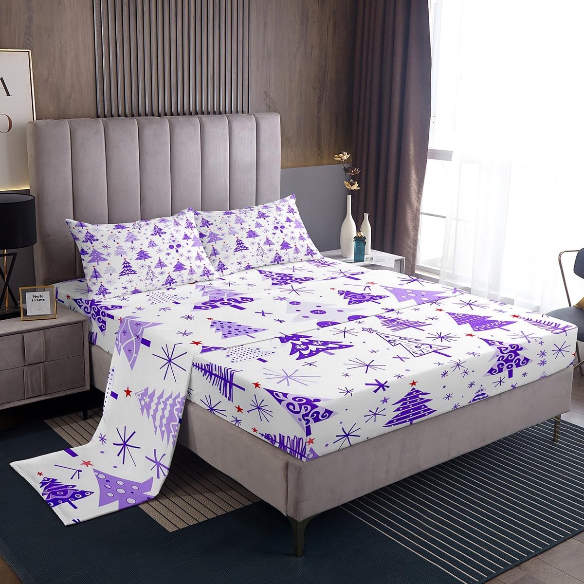 Manfei Purple Xmas Trees Sheet Set Queen Size,Christmas Theme Cartoon Bedding Set,Happy New Year Bed Sheet Set 4pcs with Deep Pocket Fitted + Flat + 2 Pillowcases,Kids Boys Girls Room Decor image 3