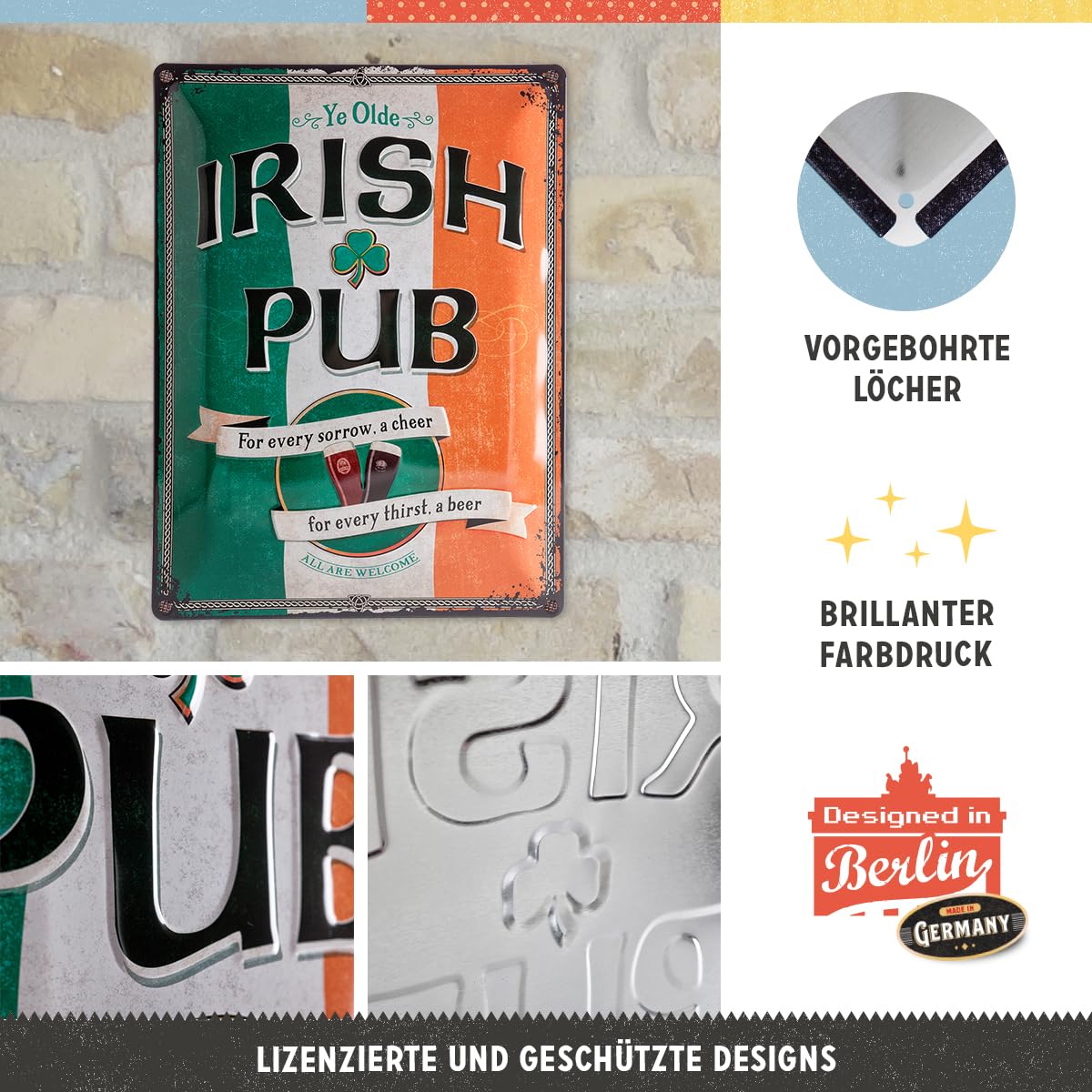 Targa Metallica Sláinte - 20x30 Cm - Decorazione Da Parete Irlandese Per Pub E Cucina - Stile Vintage Birra