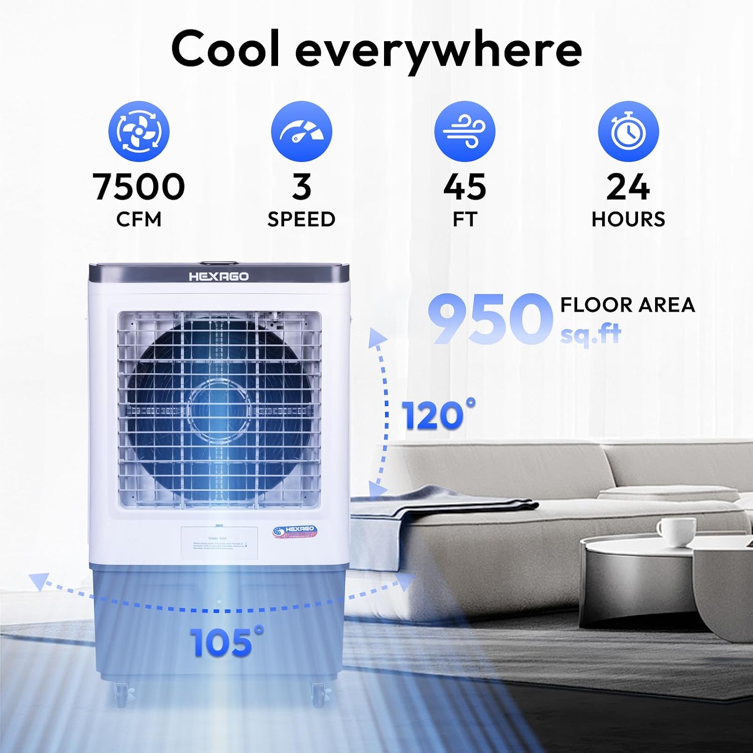 Hexago 7500 CFM Evaporative Air Cooler, Swamp Cooler With 13.2 Gal Tank, Remote, 24H Timer, Oscillation, 3 Speeds, Portable swamp cooler for Garage, Patio, Commercial Use, ETL Safety Listed, 950 Sq.Ft