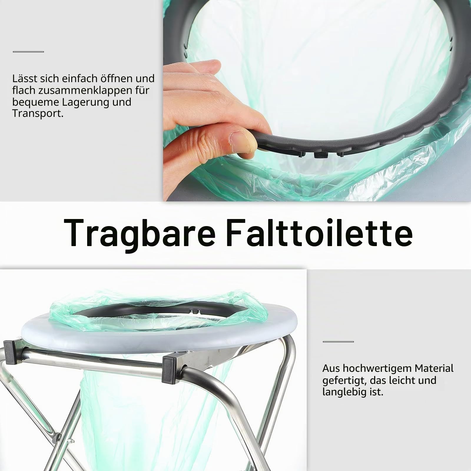 NEWFUN toilettenstuhl klappbar, 100KG,Toilettenstuhl mit Bezug, Plastiktüte und Plastikring, einfach und ohne Werkzeug zu montieren, für den Hausgebrauch und Camping geeignet