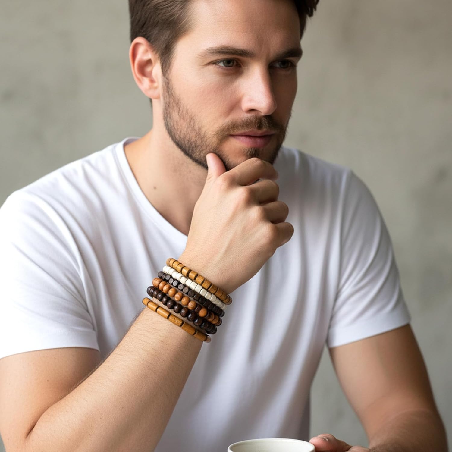 Telooco Wooden Mens Beaded Bracelets Adjustable Elasticity Mens Bracelet Multi-Layer Detachable Beaded Bracelets for Men