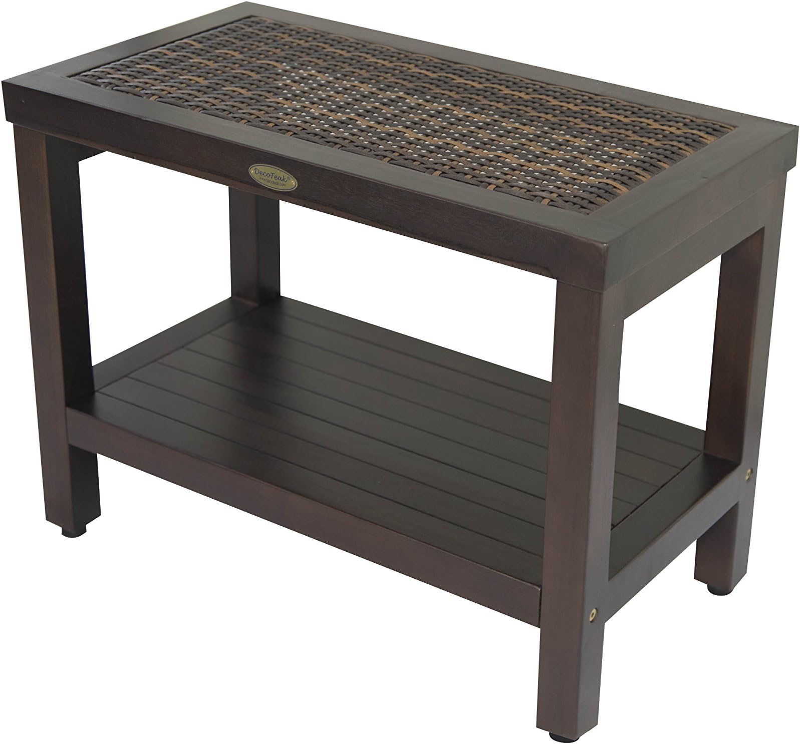 Classic ™ 24" Teak Spa Bench with Indoor/Outdoor Rattan and Shelf - Adjustable Height Feet- Bath, Shower, Sauna, Locker Room