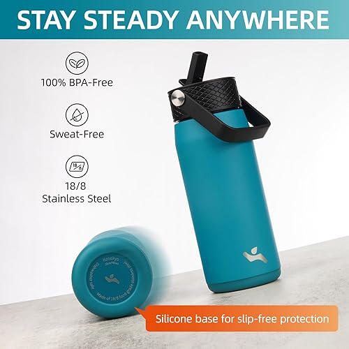 Miniatura 4 de Botella de agua de acero inoxidable aislada de 25 onzas con popote y 3 tapas, botella de agua deportiva sin BPA, botella de agua de viaje, azul