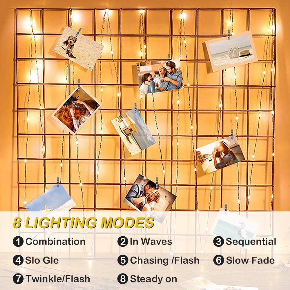 Cadena de luces con clips para fotos, impermeable, 100 luces LED, funciona con pilas, luces parpadeantes de hadas para bodas, fiestas, Navidad, decoración del hogar, luces para colgar