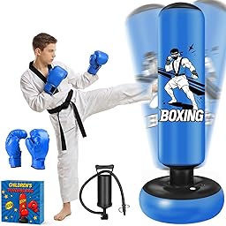 Sac de Frappe Enfant sur Pied 168cm Bleu, avec Gants de Boxe et Pompe Punching Ball Enfants pour Karaté, Taekwondo Fille & Garçon 5-12 Ans