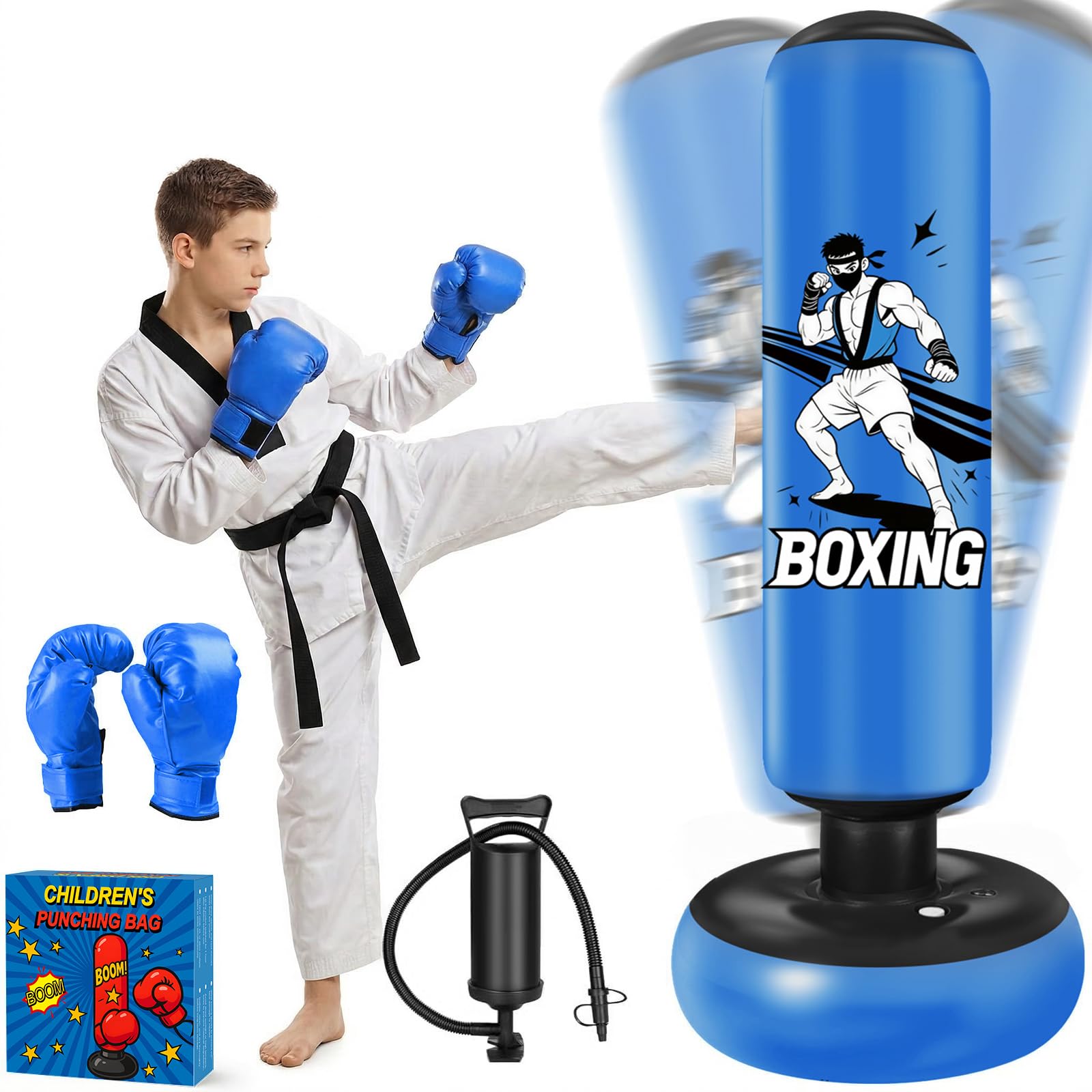 Sac de Frappe Enfant sur Pied 168cm Bleu, avec Gants de Boxe et Pompe Punching Ball Enfants pour Karaté, Taekwondo Fille & Garçon 5-12 Ans