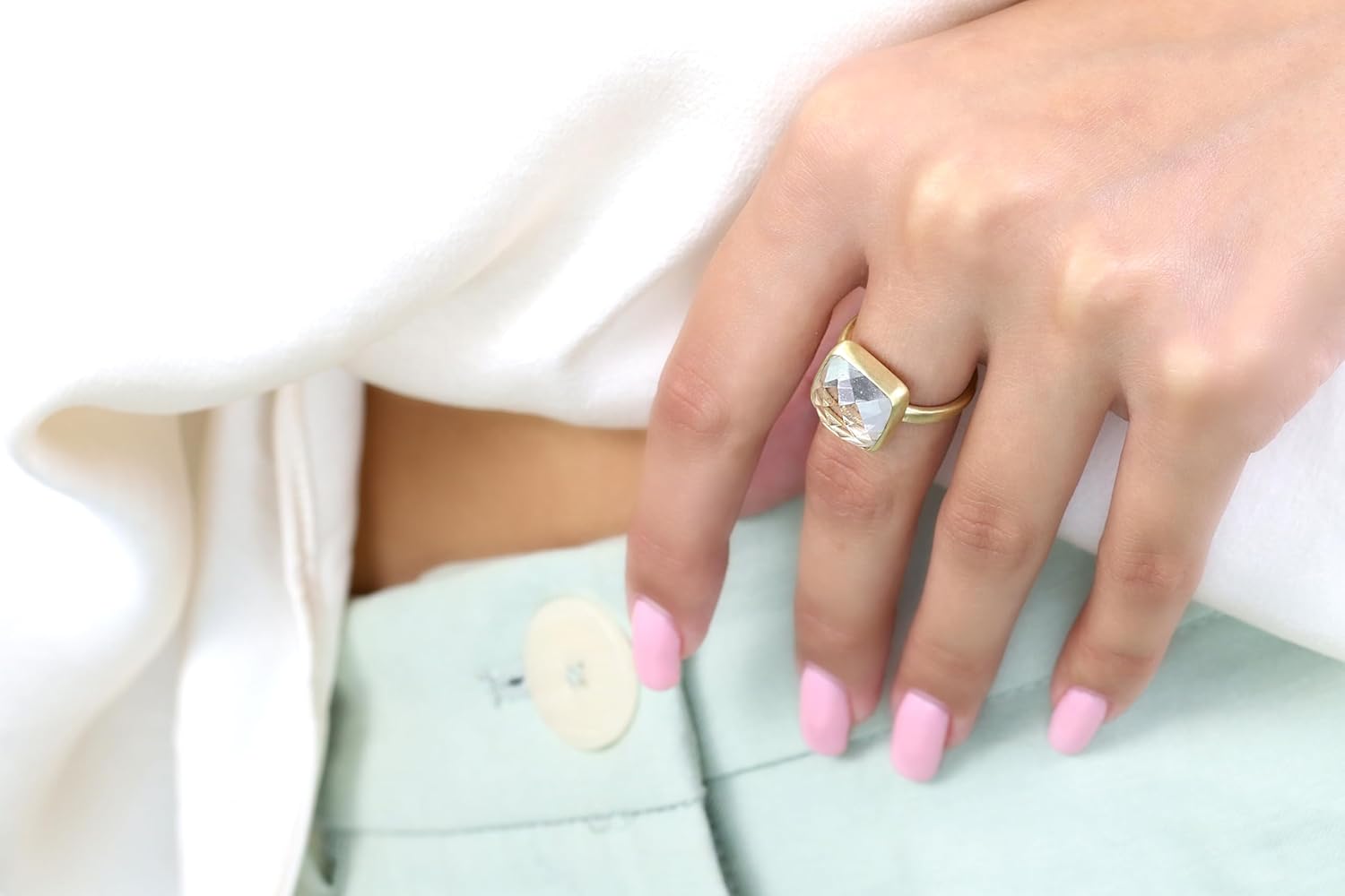 18k Gold Crystal Quartz Ring - Square Faceted Gemstone Design - Handmade Gold Bezel Jewelry - Elegant Stackable Ring