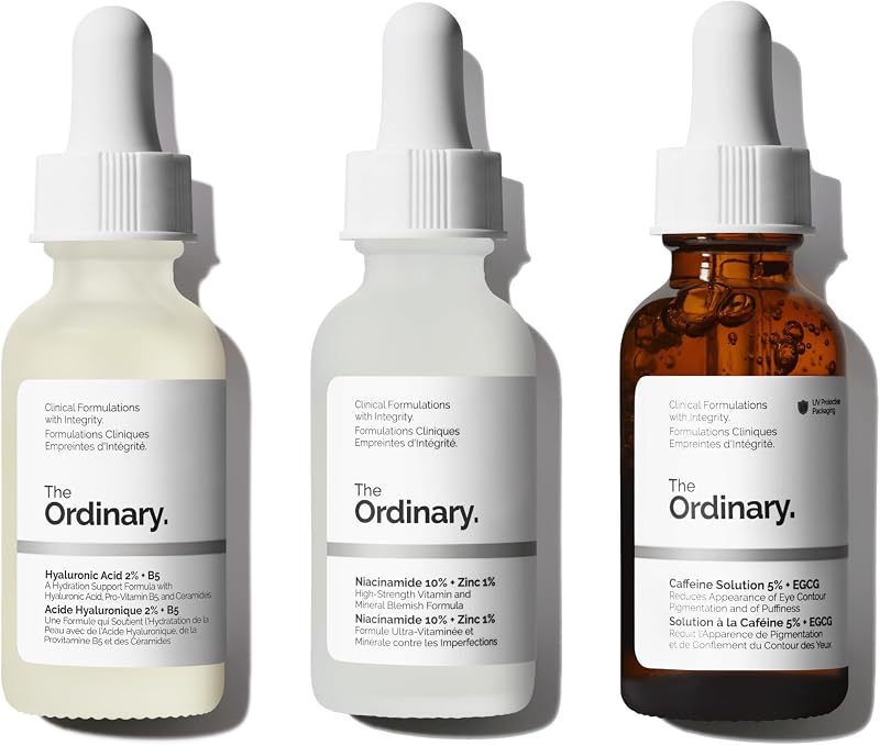 Conjunto de sérums favoritos: ácido hialurónico al 2% + B5, niacinamida al 10% + zinc al 1%, solución de cafeína al 5% + suero ocular EGCG, sérums para hidratar, iluminar y minimizar los poros de la piel