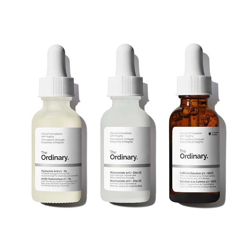 Conjunto de Séruns The Ordinary com Ácido Hialurônico 2% + B5, Niacinamida 10% + Zinco 1% e Solução de Cafeína 5% + EGCG