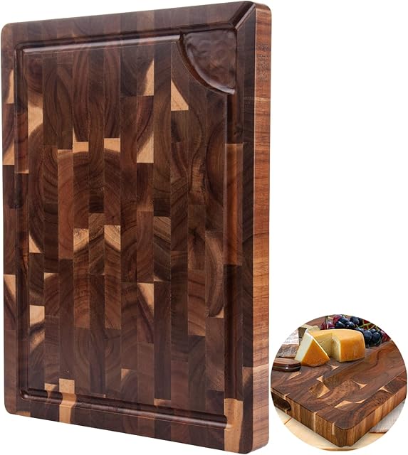 Acacia Wooden Chopping Board, TJ POP Large Wood Cutting Board 38 x 28 x 3cm, Premium Kitchen Chopping Board with Non-Slip Feet for Cutting Meat, Vegetables,Fruit and Cheese