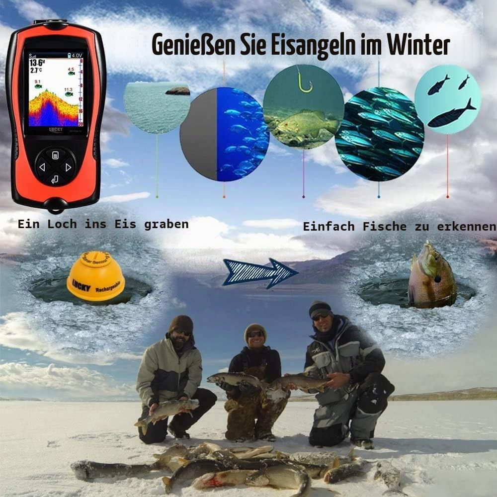 LUCKY Tragbarer Fischfinder Wandler Sonarsensor Wasser Tiefenmesser LCD Bildschirm Echolot Fischfinder zum Eisfischen Meeresangeln