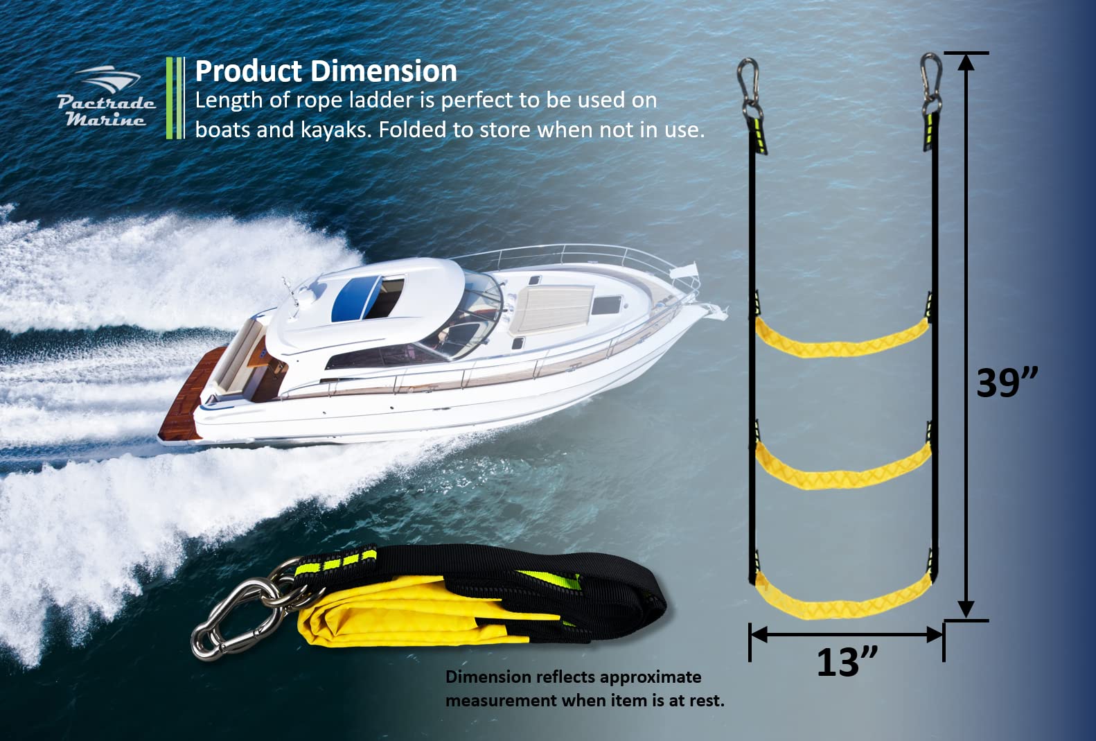 Pactrade Marine Emergency Rope Ladder Assist Boarding Foldable Inflatable Fishing Dinghy Boat Kayak Motorboat Canoeing Sailboat Yacht (3 Steps)