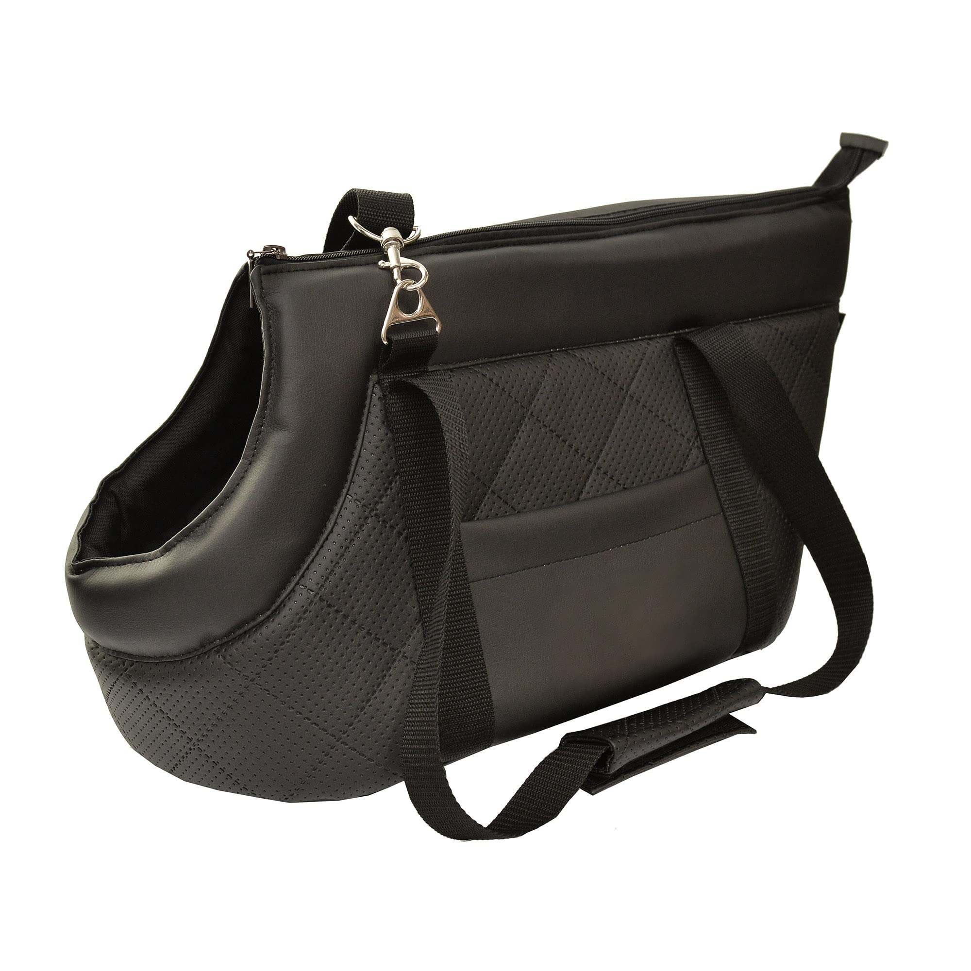 Premium Pet Carrier Bag for Dogs & Cats, Faux Leather Shoulder Travel Bag with Elastic Safety Strap and Carabiner, Up to 12 kg, Metallic Black Size L, 47 x 29 x 28 cm โ image 1