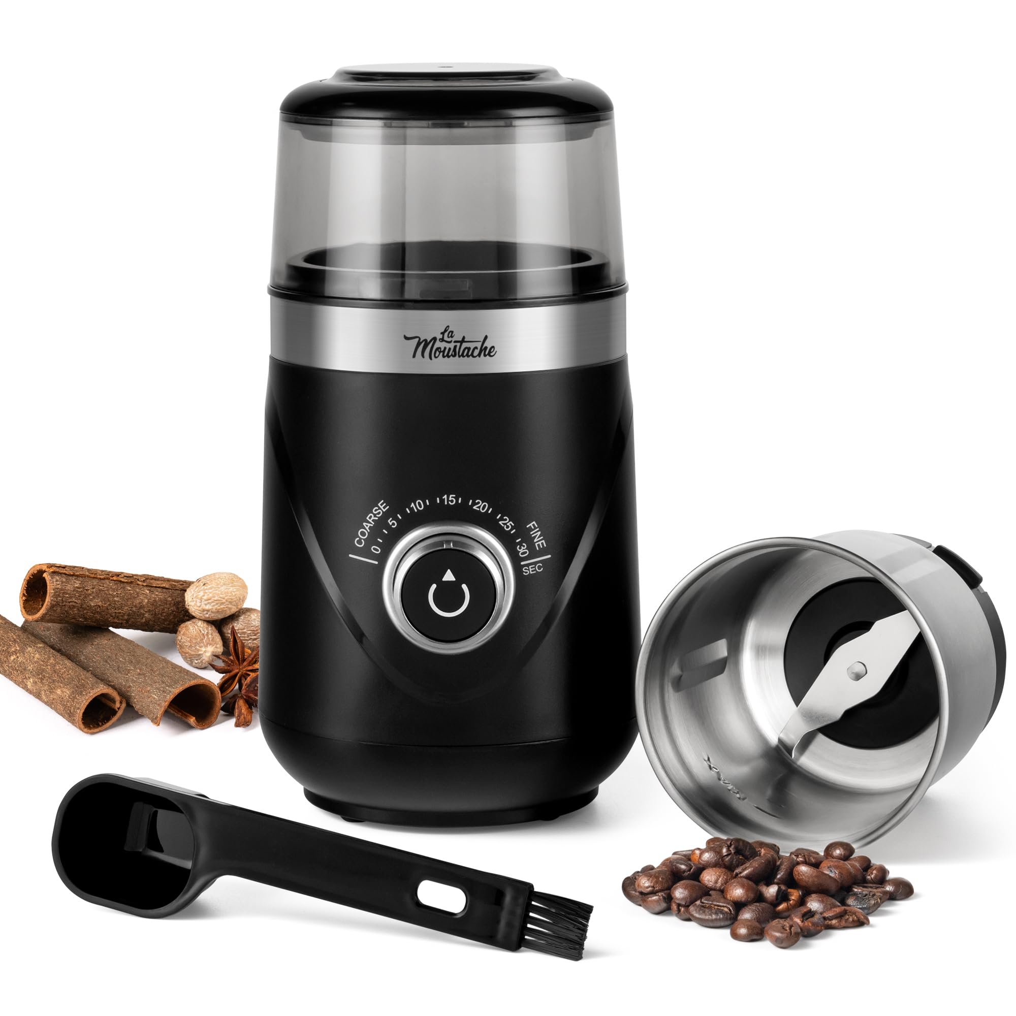La Moustache - Molinillo de Café Eléctrico 150W | 80g con Cuchilla de Acero Inoxidable【Bajo Ruido 60dB】Contenedor Extraíble | Molido Fino/Grueso, Temporizador y Cepillo (GrindMini Black)