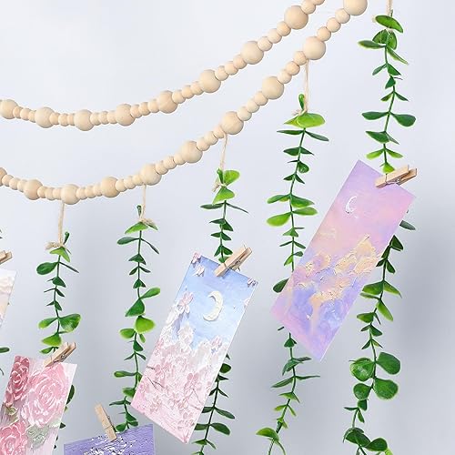 Miniatura 9 de TXIN Decoración de pared para colgar fotos, guirnalda de cuentas bohemias, enredaderas de eucalipto artificial, decoración del hogar con clips de