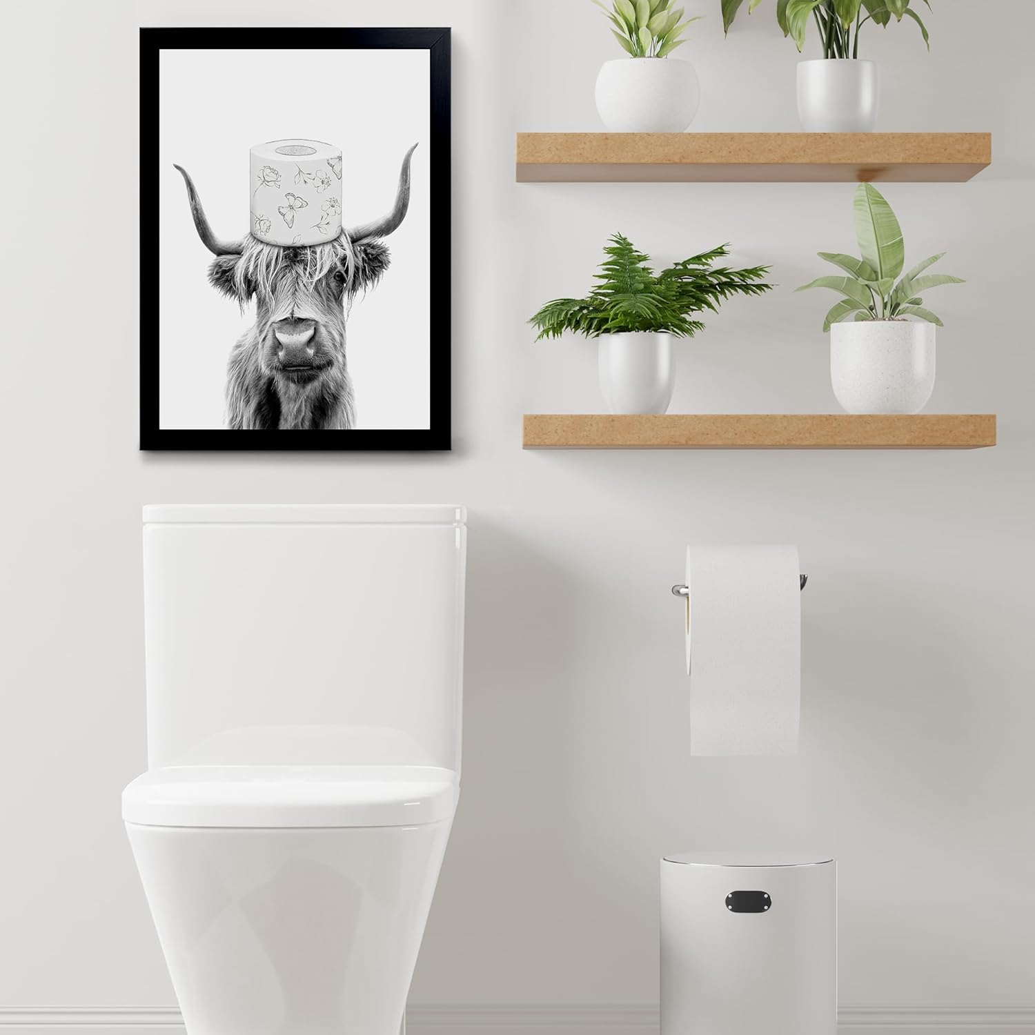 Toilet Paper On Head,Black Framed Funny Animal Prints, Vintage Black and White Rustic Style Cute Bathroom Cow Canvas Art Poster for Bathroom Restroom Decoration, Farmhouse Wall Decor