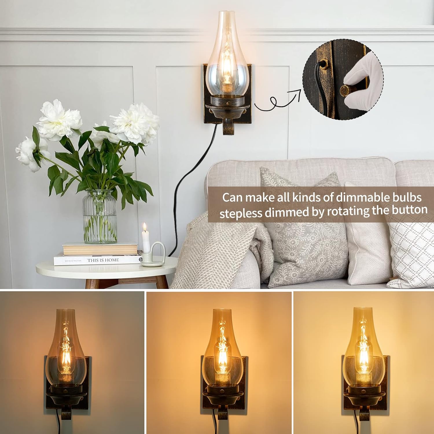 Yisuro Plug in Wall Sconce,Oil Rubbed Bronze Wall Sconces,Retro Rustic Wall Lamps,Sconces Wall Lighting with Amber Glass,Indoor Vintage Bedside Wall Lighting for Living Room Bathroom