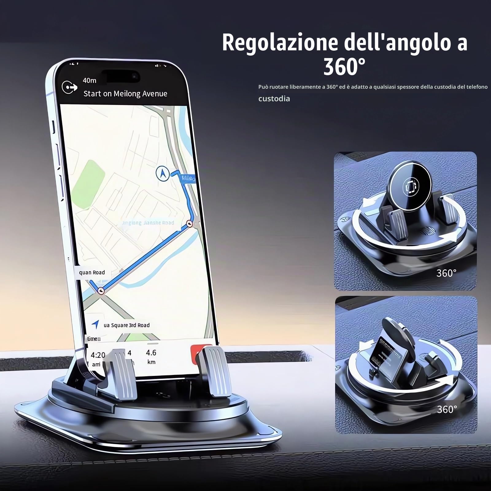 Porta Cellulare da Auto in silicone antiscivolo offre una rotazione di 360 gradi, Supporto Telefono Auto Cruscotto,Portatelefono da Automobile Universale per Smartphone iPhone （Nero）