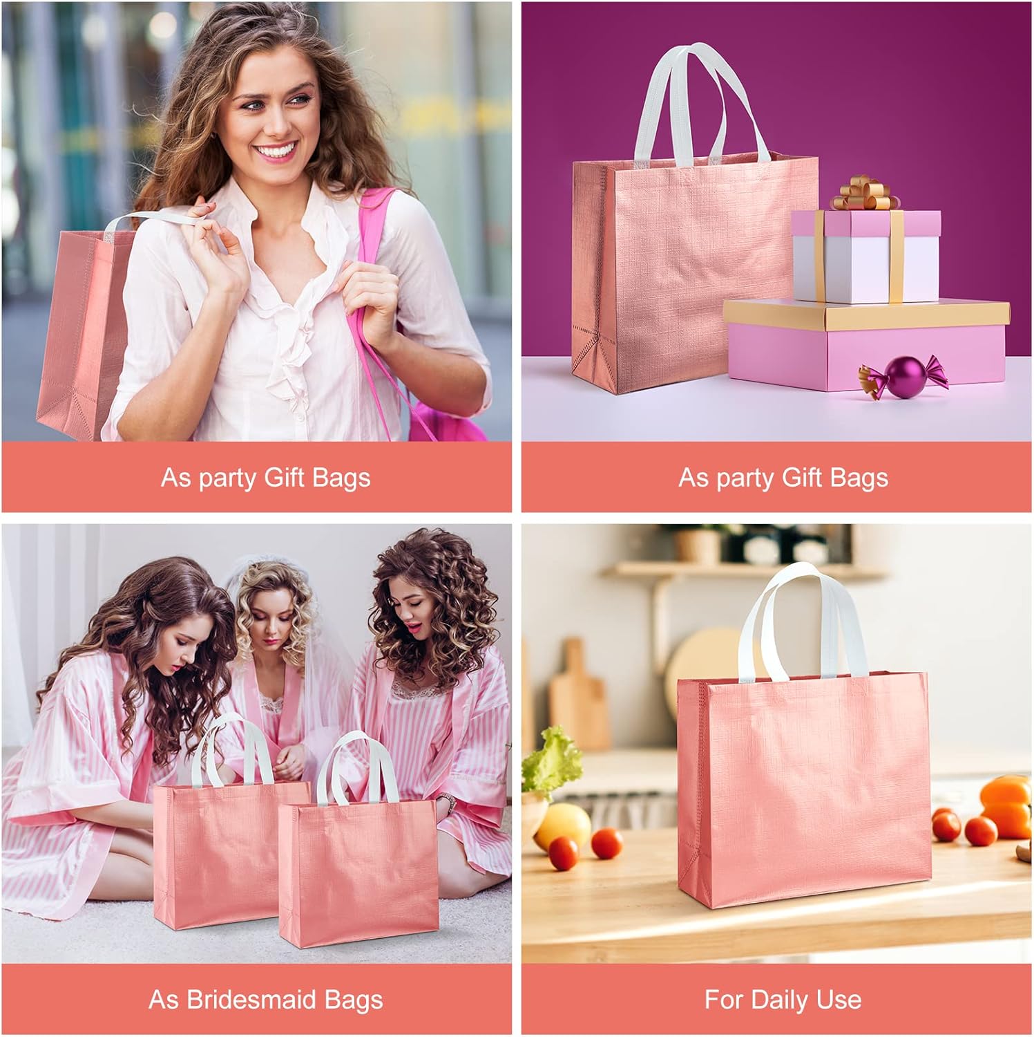 Eccliy 60 Pcs Reusable Gift Tote Bags Housekeeping Appreation Grocery Shopping Bag with Handles for Bridesmaid Wedding(Rose Gold) - Image 2