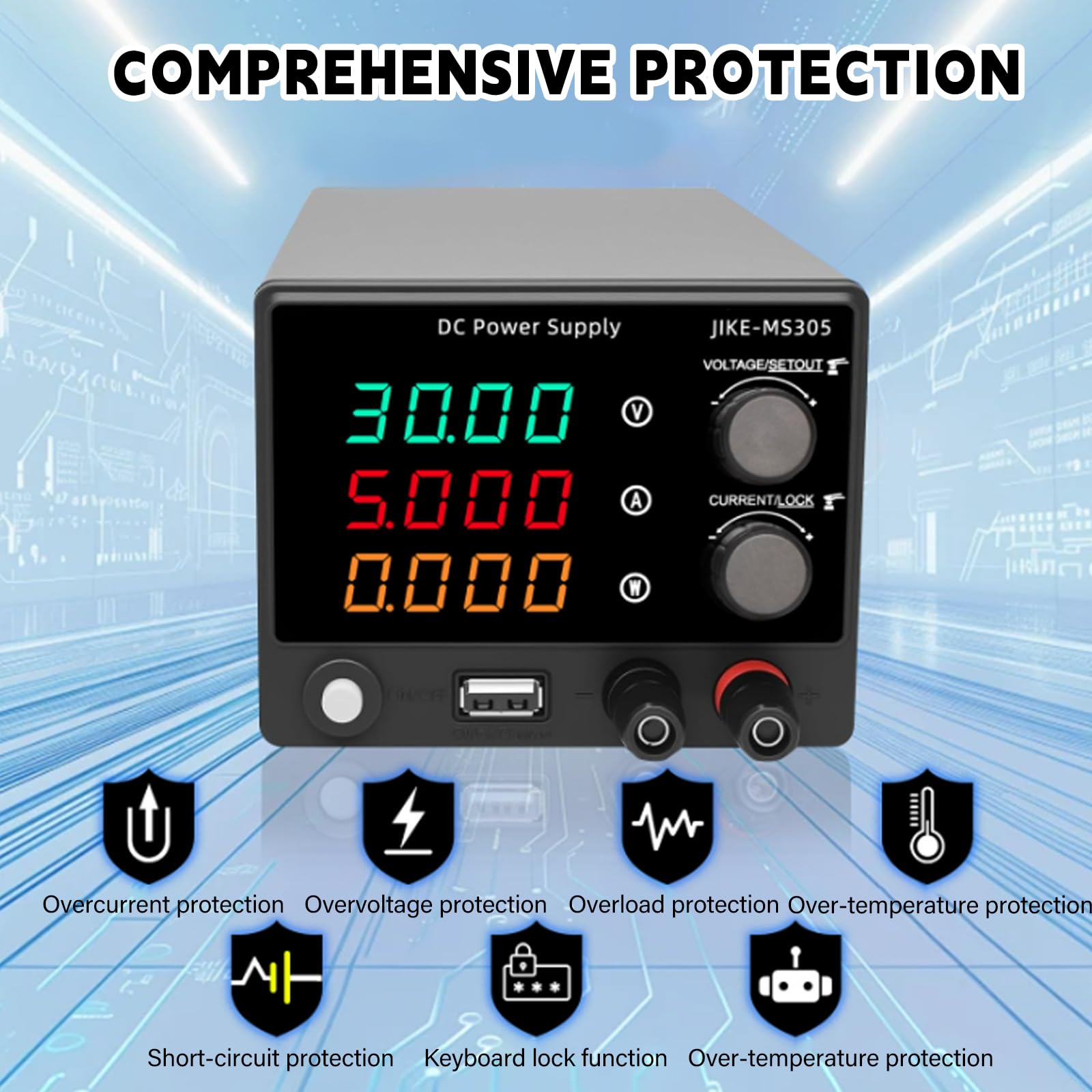 Bloc d'alimentation de laboratoire 30 V 5 A 150 W - Affichage LED à 4 chiffres et clé de verrouillage - DC 0-30 V 0-5 A - Mini bloc d'alimentation de laboratoire USB - Charge rapide - Alimentation à