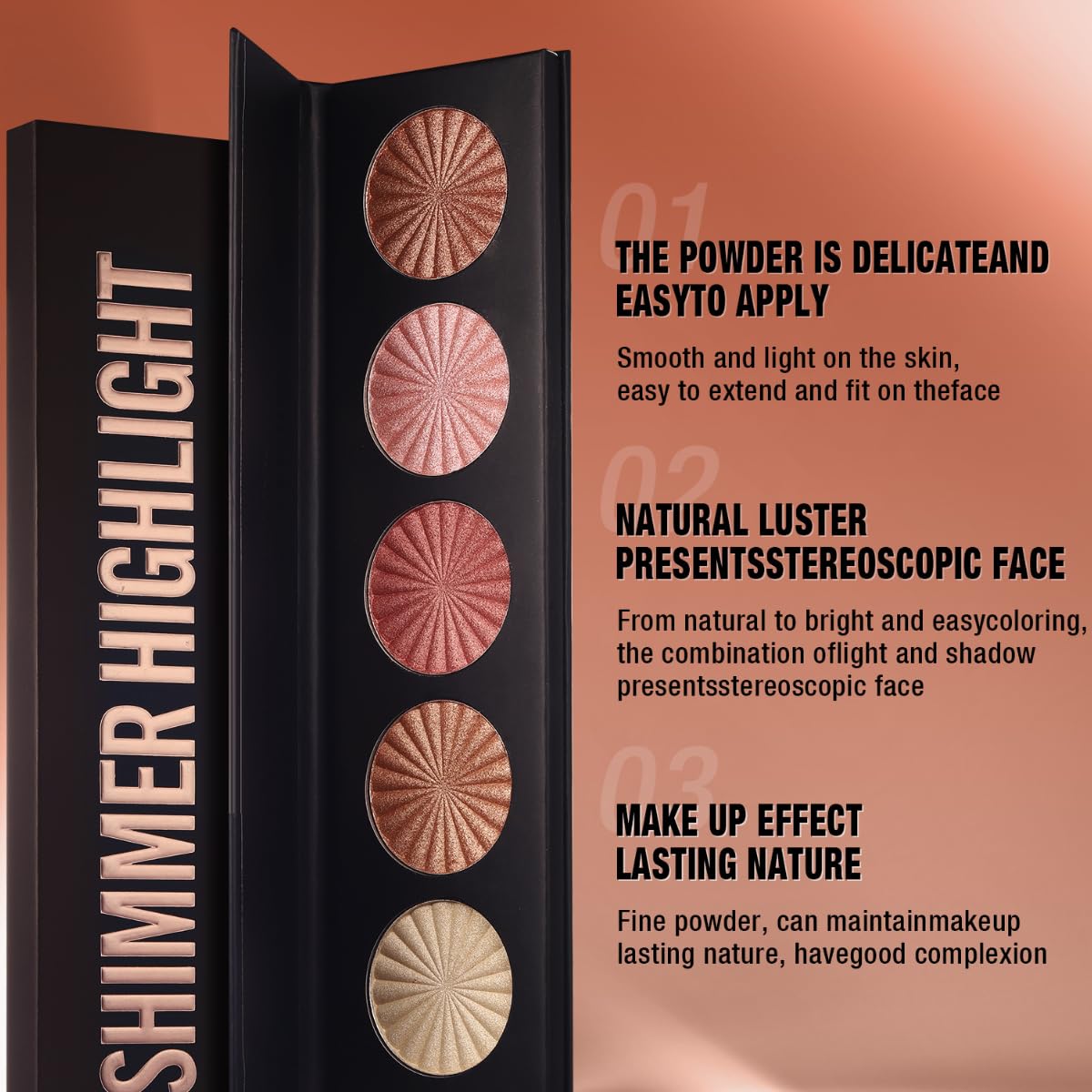 Paleta rozświetlaczy do twarzy, 5 kolorów, kolor szampański, złoty bronzer różowy, masa perłowa, połyskujące cienie do powiek
