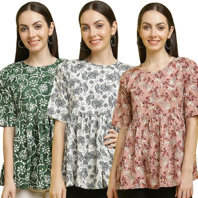 Pinkmint Women Combo Tunic Top for Women ll Fancy Crape Girls Top's ll Regular Fit Casual top (Pack of 3)