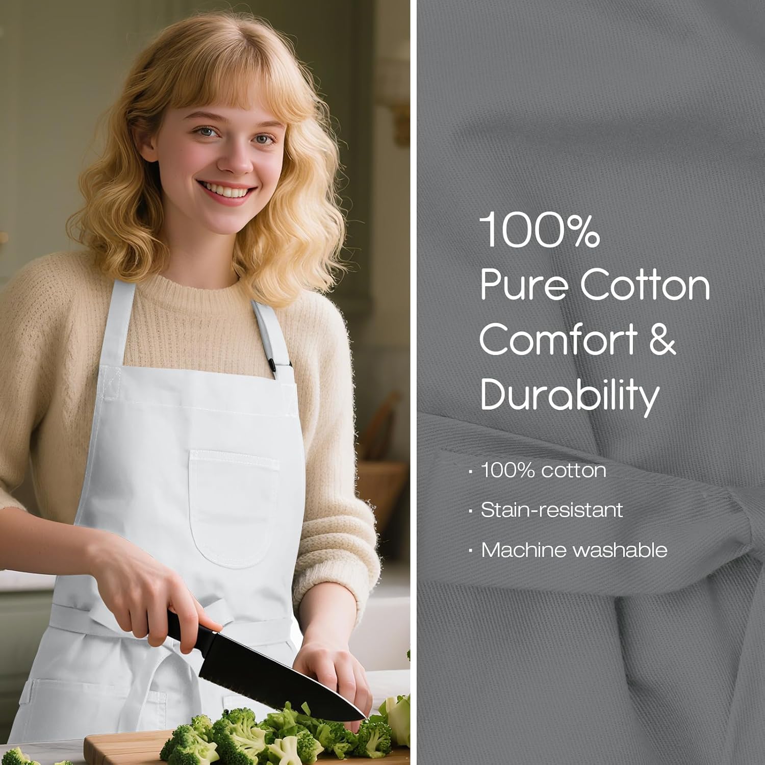 Unisex Apron with Pockets for Cooking, Salon & Art - 100% Cotton Adult Kitchen, Chef, Stylist Apron (White) - Image 5