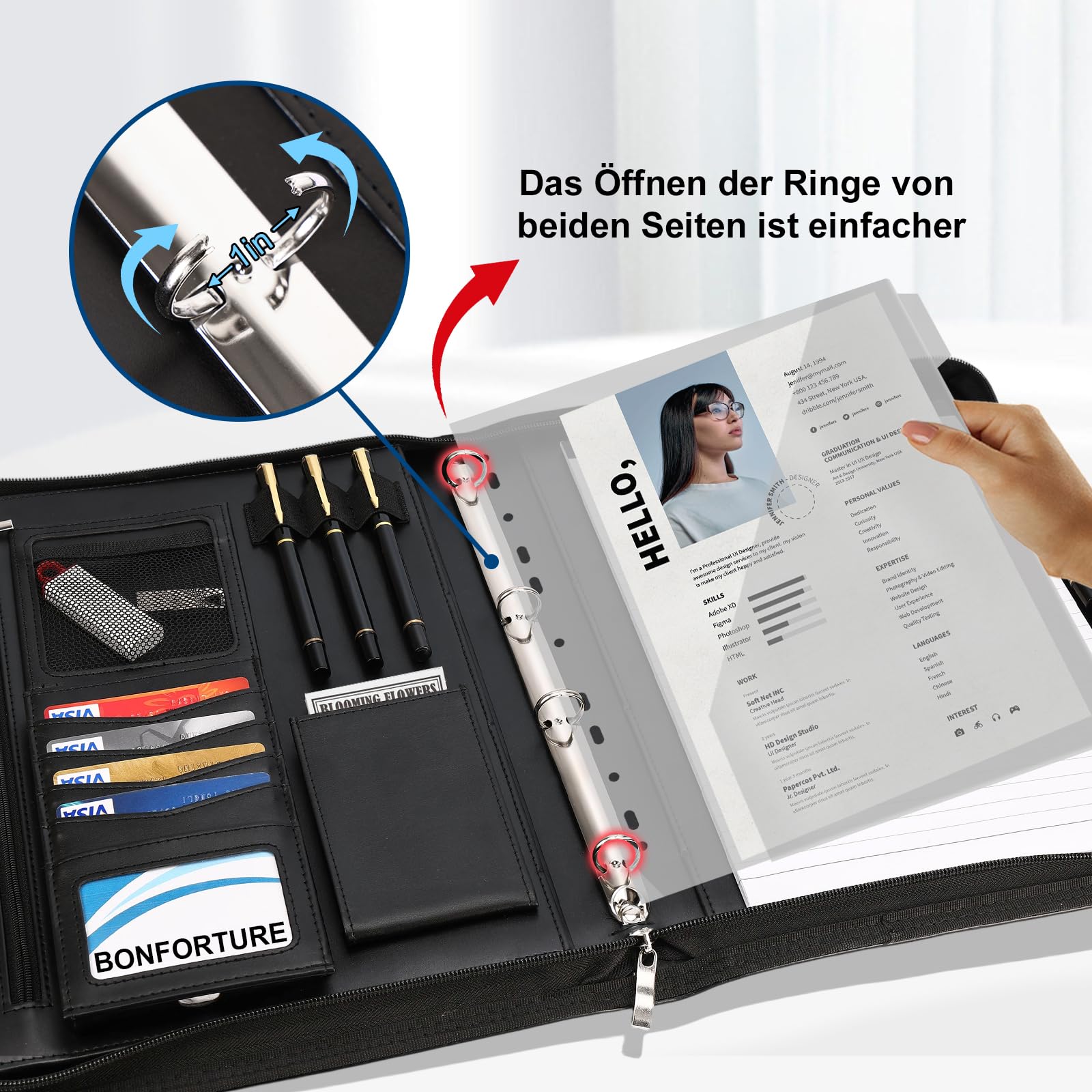 Schreibmappe A4 mit 5er Register, Konferenzmappe mit 4 Ringbuch Reißverschluss Griff Klemmbrett Notizblock Stift, Dokumentenmappe Aktenmappe Ordner für Büro Business Uni Schule Schwarz