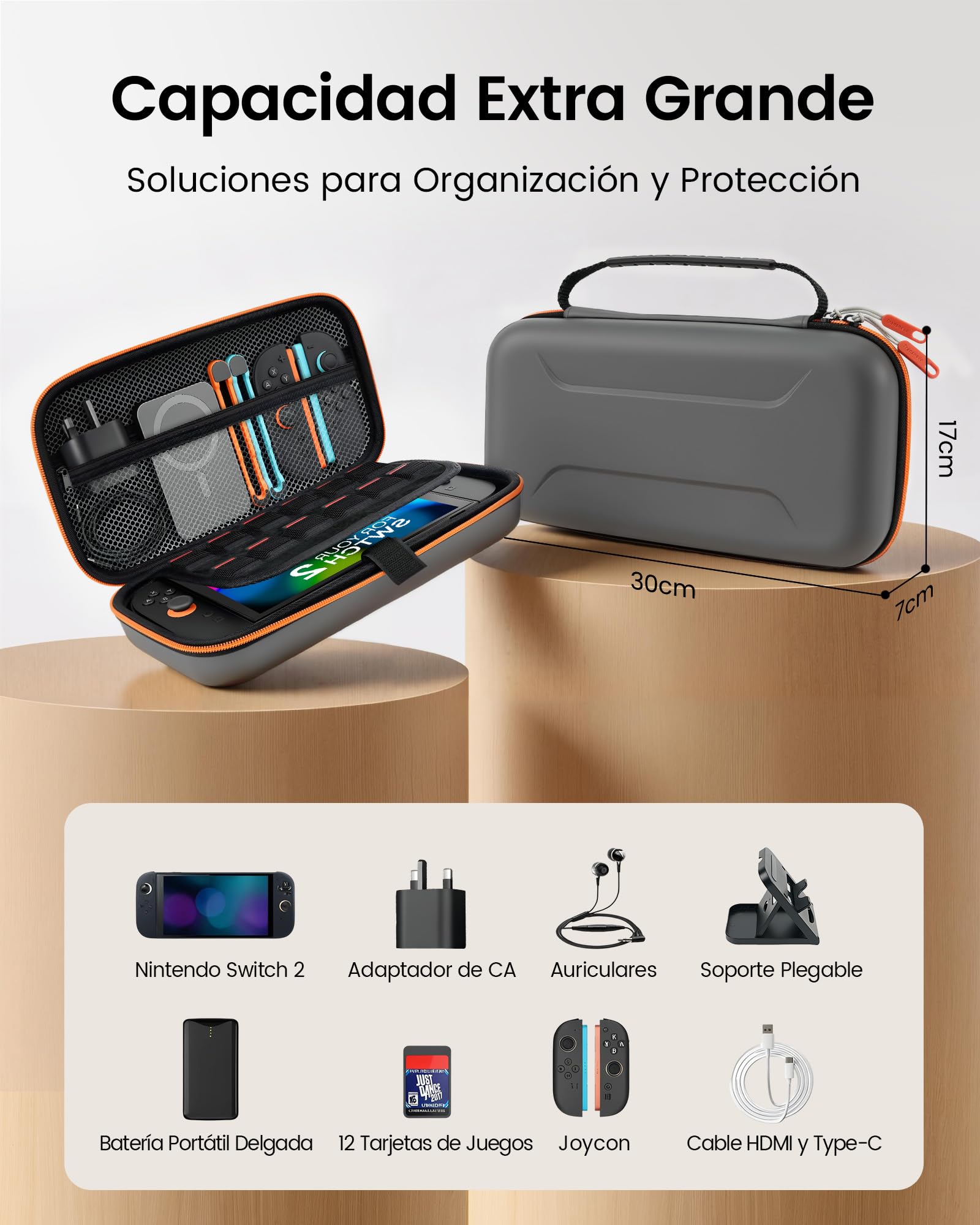 TRANSNOVO Funda para Nintendo Switch 2 (2025), Estuche de Transporte con 12 Cartuchos de Juego, Funda Protectora rígida de Viaje para Consola Nintendo Switch 2, Cargador y Accesorios, Gris