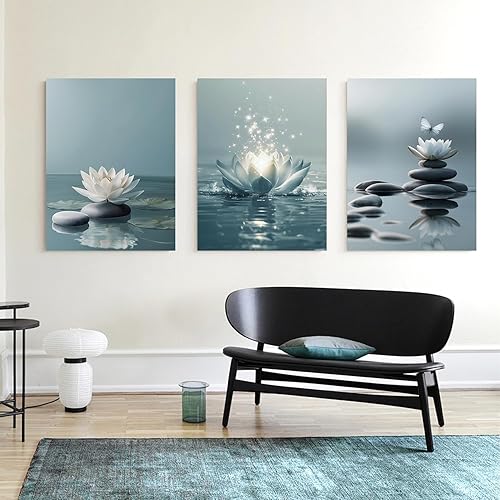Miniatura 8 de GELDSTEI Lienzo botánico zen tranquilo para pared, diseño de loto blanco que florece en piedras en el agua, imágenes estéticas de yoga, spa,