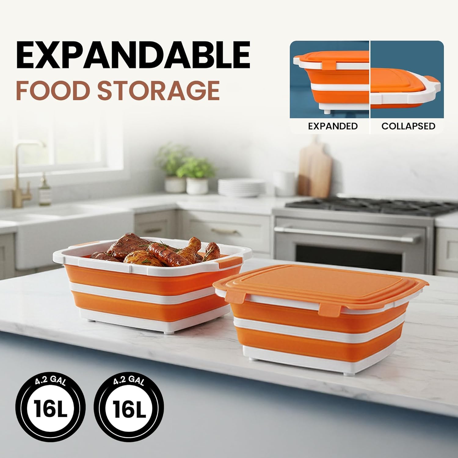 BBQ Prep Tub 2 Pack (16L+16L) - Multifunctional Collapsible Camping Cutting Board with Upgraded Locking lid, Meal Prep Meat Storage Container Perfect for Grilling, Outdoor Cooking (XL x 2)