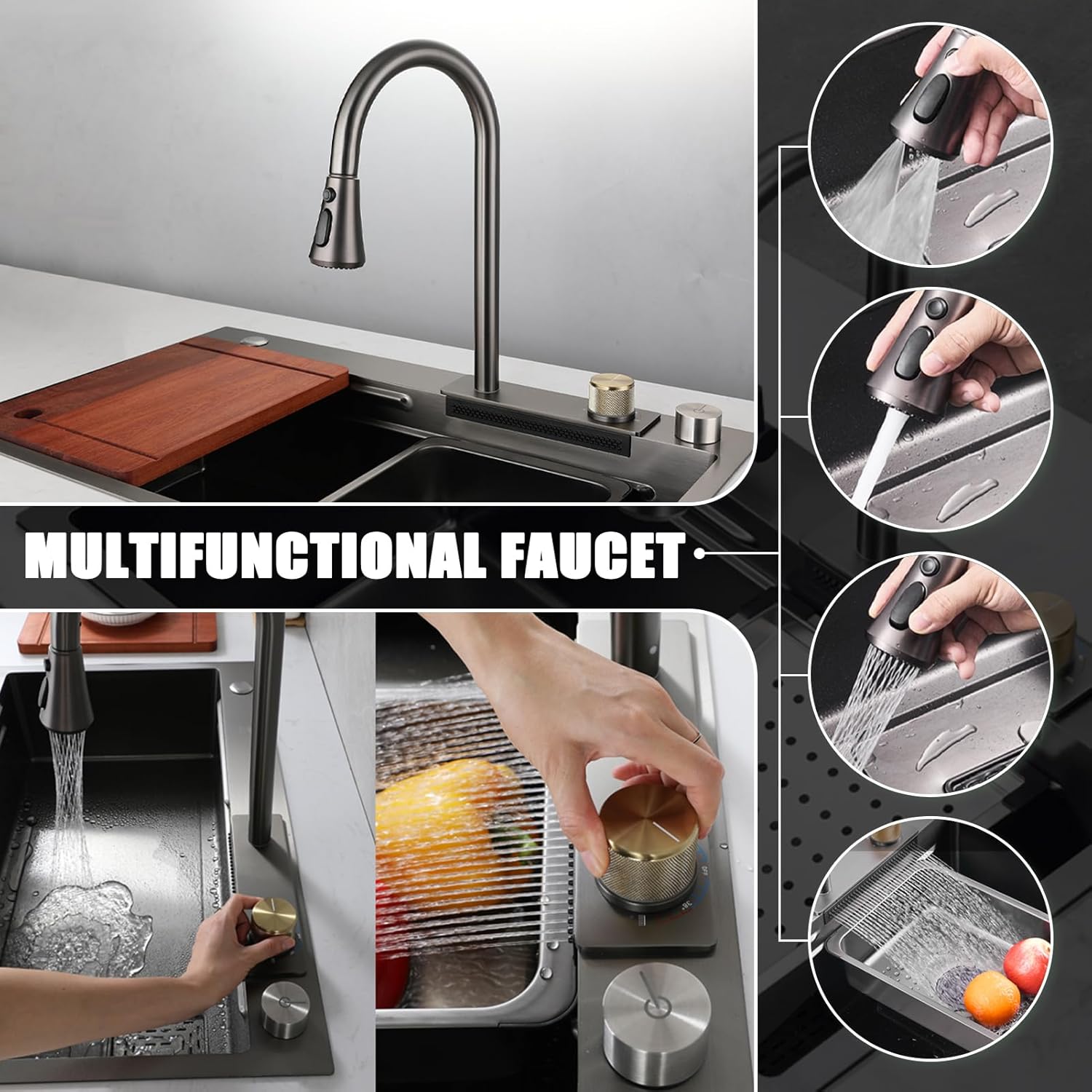 Stainless Steel Waterfall Sink, Multi-Function Bar Prep Sink, Nano Kitchen Sink with Faucet and Cup Washer Drop in Or Under Mount for Kitchen Hotel (Grey-80x45x22cm