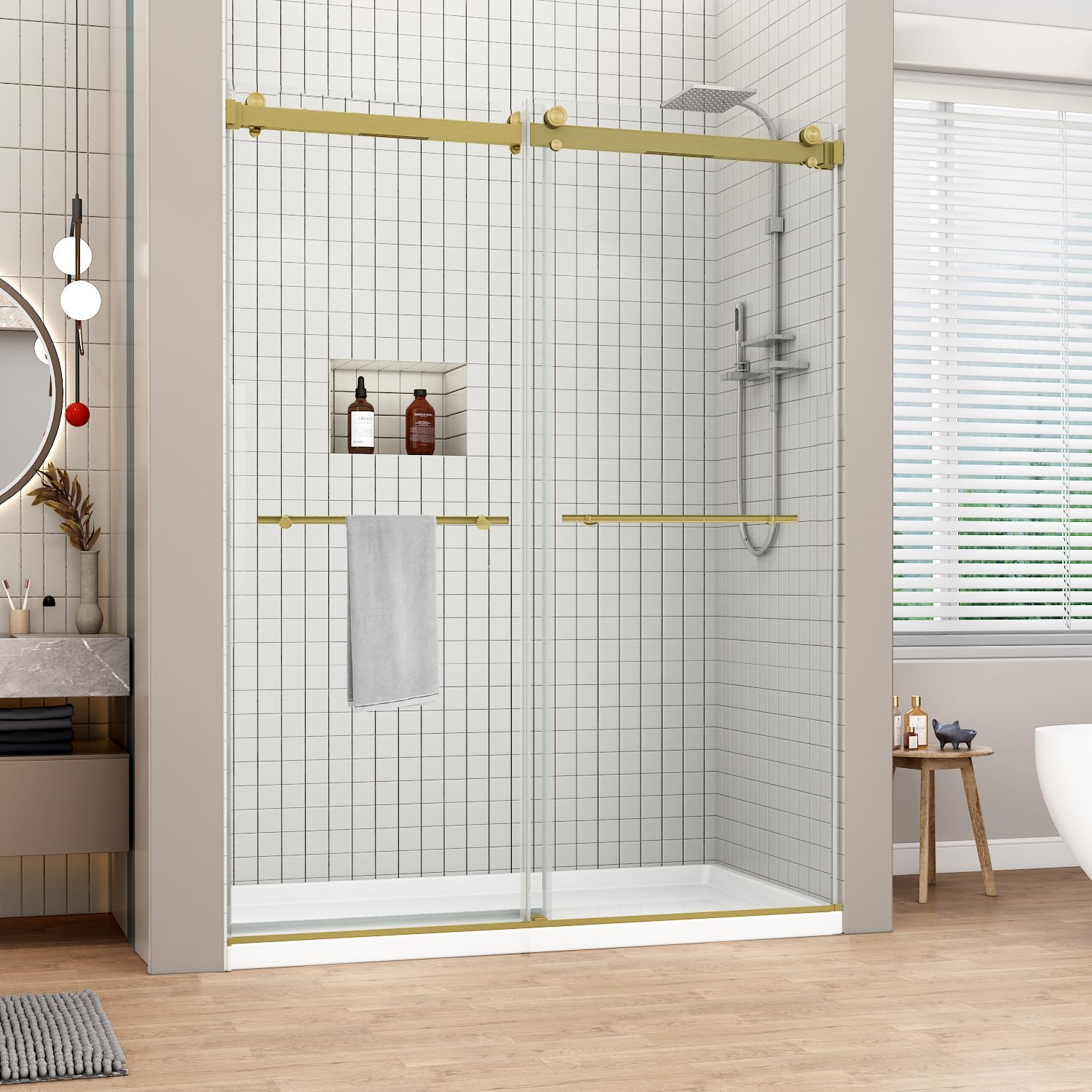 Sunrosa Frameless Double Sliding Shower Door 44-48" W x 76" H, 5/16" (8mm) Thick Easy-Clean Tempered Glass, Soft-Close Adjustable Shower Door with Towel Bar, Brushed Gold Finish