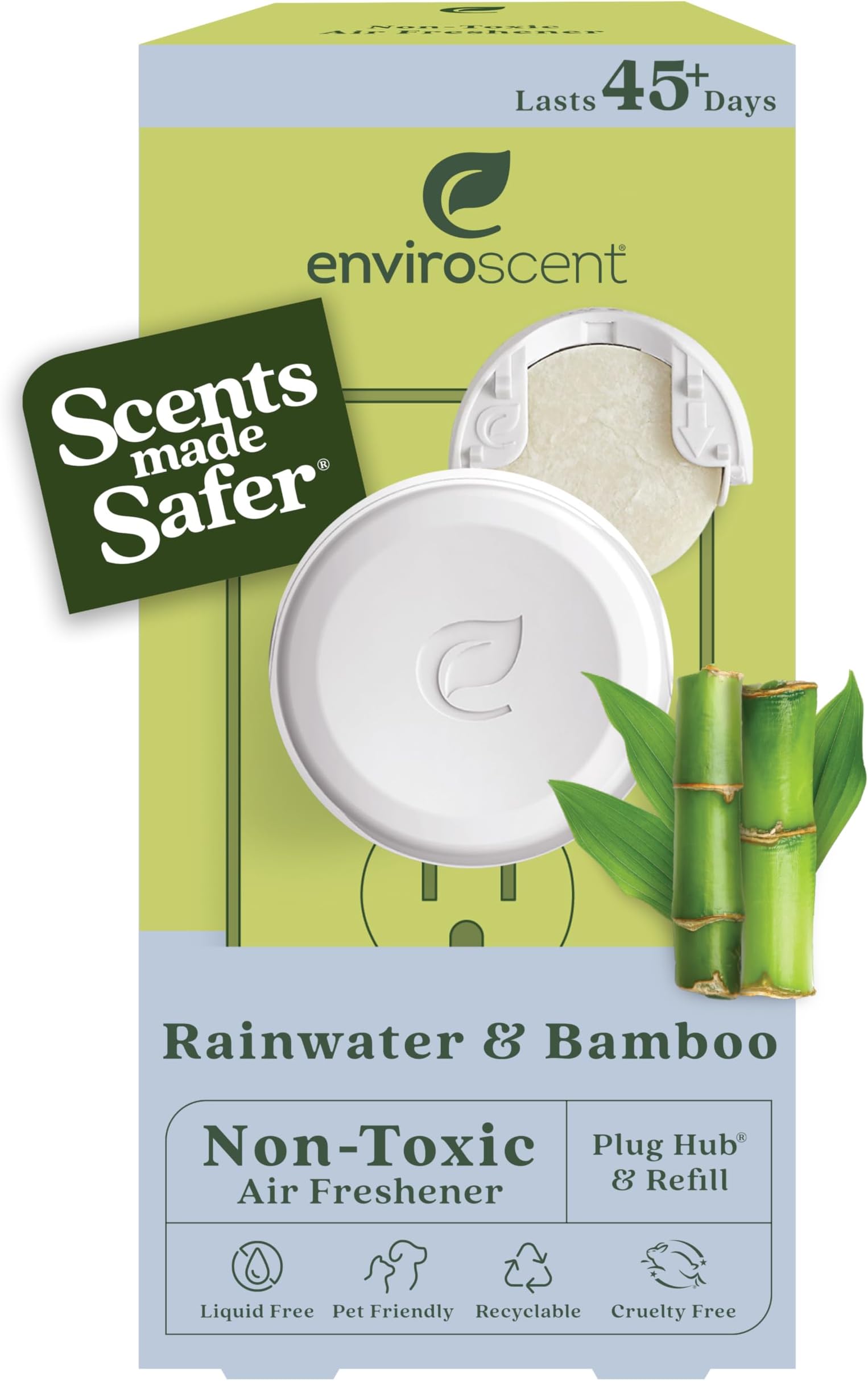 Enviroscent Non-Toxic Air Freshener (Rainwater and Bamboo) Plug-In Air Freshener for Home | Essential Oil Plug-In | Home Fragrance Lasts 45+ Days | 1 Refillable Air Freshener Plug-In & 1 Scent Refill