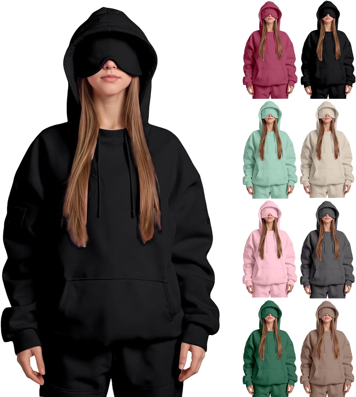 Women's Hoodies Travel Hoodie with Eye Mask Built in Ladies Plain Zip Up Hoodie Womens Fleece Hooded Top Long Sleeves Front Pockets Soft Stretchable Comfortable Plus Sizes